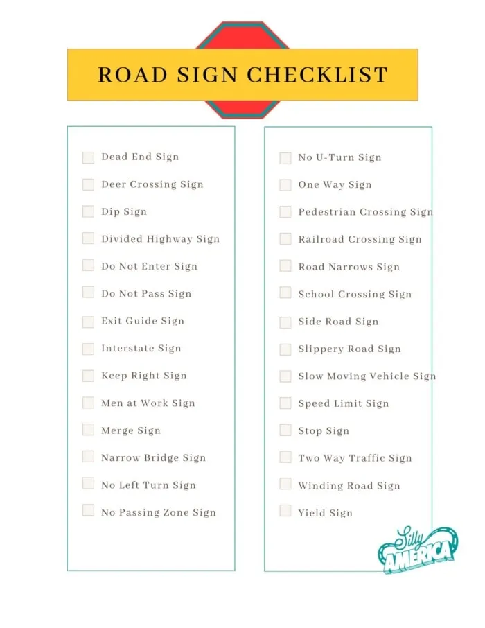 Road Sign Bingo printable checklist road trip game