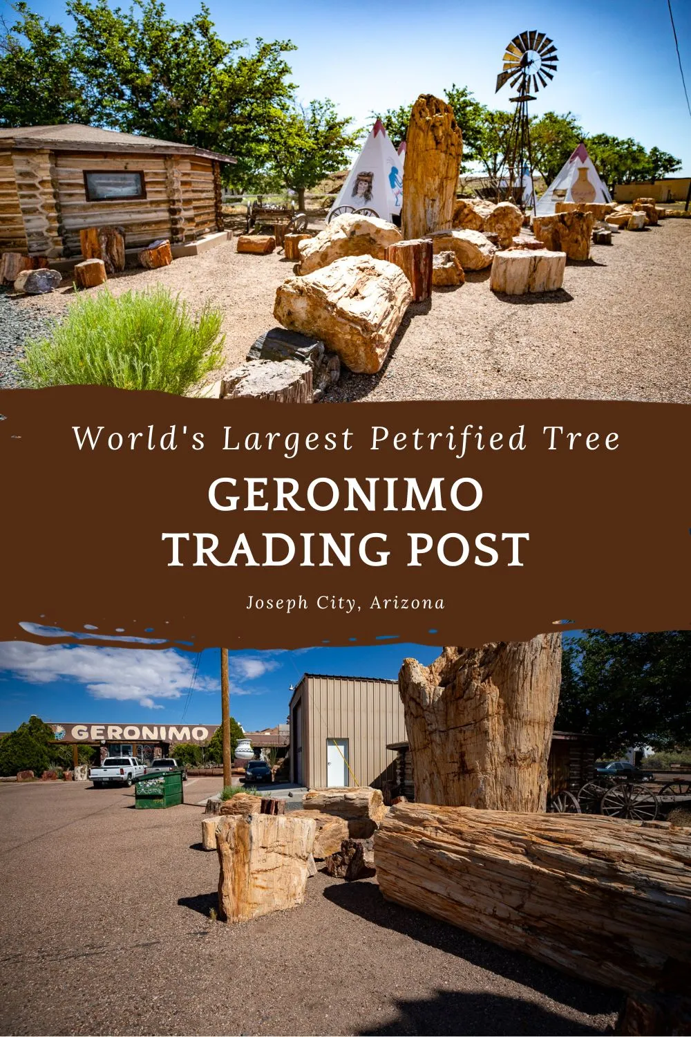 Geronimo Trading Post in Joseph City, Arizona has been open since 1974. Inside find Route 66 souvenirs alongside local crafts and other unique mementos. Outside find petrified trees, teepees, big pottery, and the World's Largest Petrified Tree. Find the 80-ton, ten-foot tall stump in several pieces among the other miscellany outside. Visit this Route 66 roadside attraction on your Arizona road trip! #Route66 #Route66RoadTrip #RoadsideAttraction #ArizonaRoadTrip #Arizona