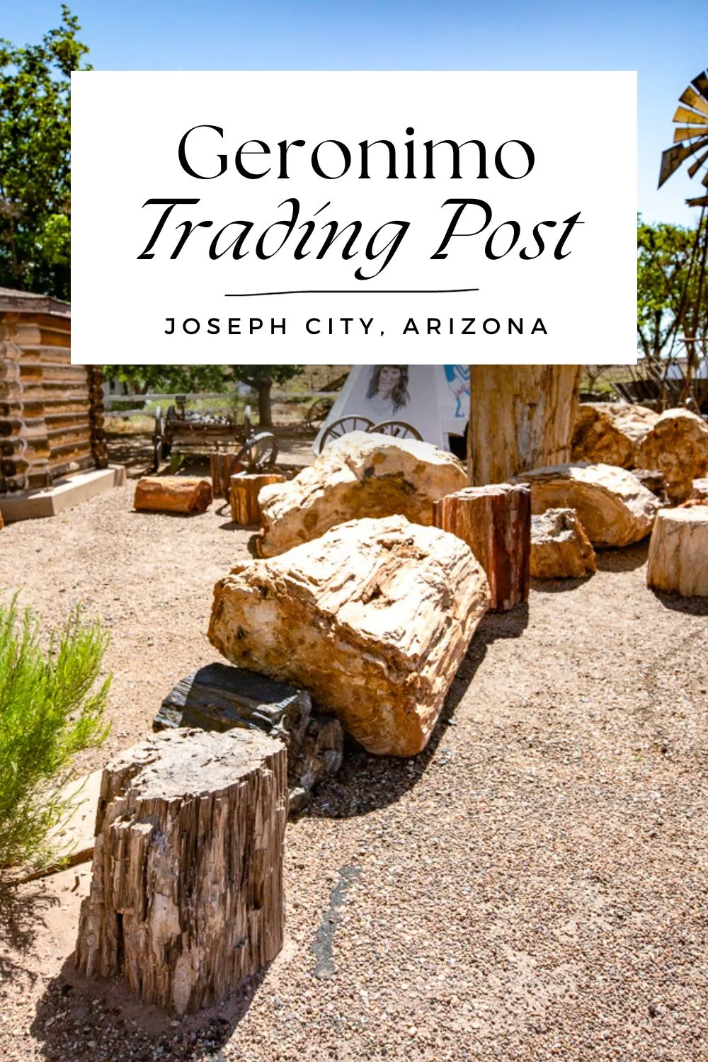 Geronimo Trading Post in Joseph City, Arizona has been open since 1974. Inside find Route 66 souvenirs alongside local crafts and other unique mementos. Outside find petrified trees, teepees, big pottery, and the World's Largest Petrified Tree. Find the 80-ton, ten-foot tall stump in several pieces among the other miscellany outside. Visit this Route 66 roadside attraction on your Arizona road trip! #Route66 #Route66RoadTrip #RoadsideAttraction #ArizonaRoadTrip #Arizona