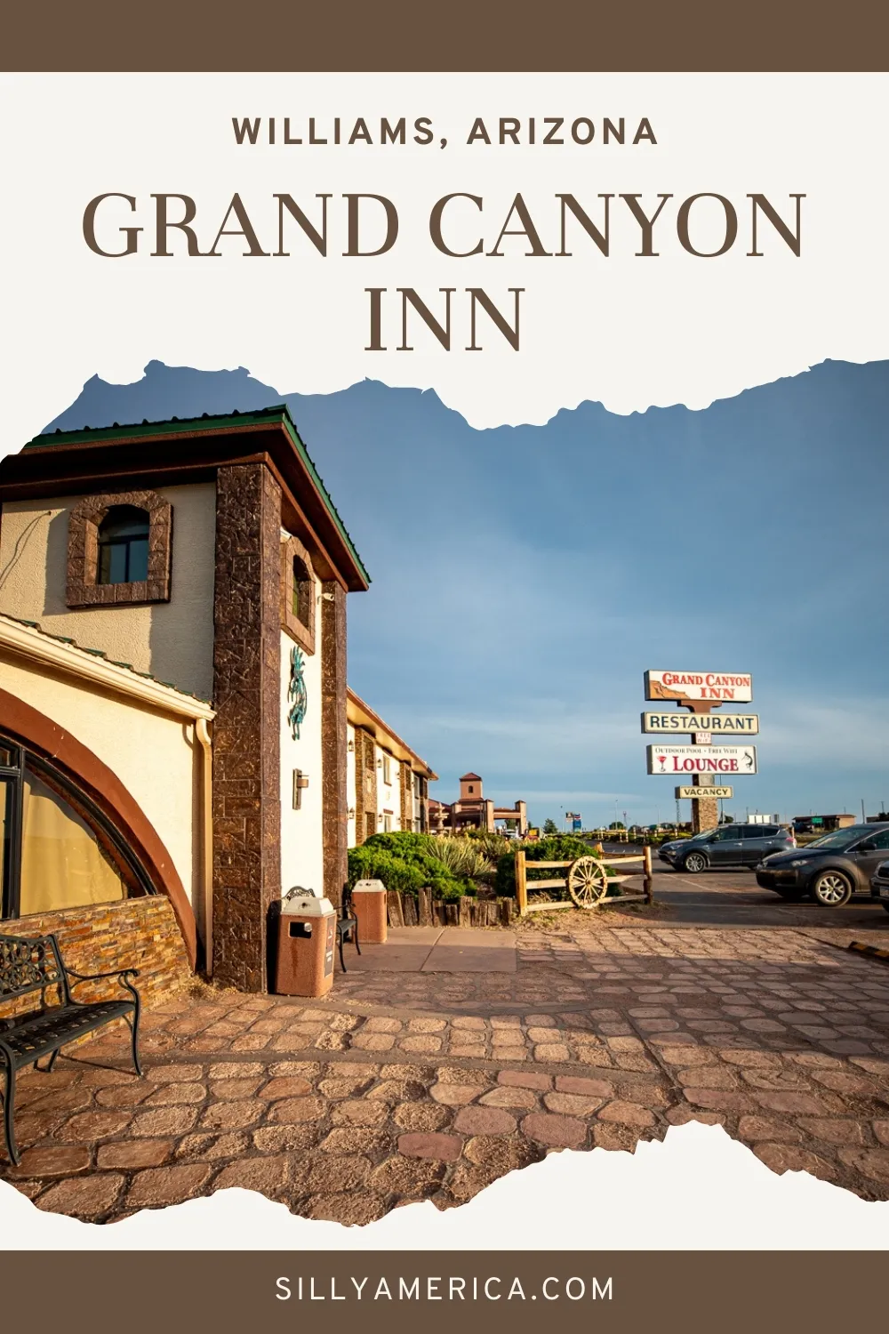 Looking for a grand place to stay on a Grand Canyon road trip? The Grand Canyon Inn in Williams, Arizona is located only about 20 minutes from the Grand Canyon's south entrance, making it a convenient place to spend the night before or after visiting the National Park. Located near the entrance to the Grand Canyon and near Route 66 this hotel is convenient for road trippers looking for a place to spend the night in Arizona. #Route66 #Route66RoadTrip #GrandCanyon #GrandCanyonRoadTrip #Hotel