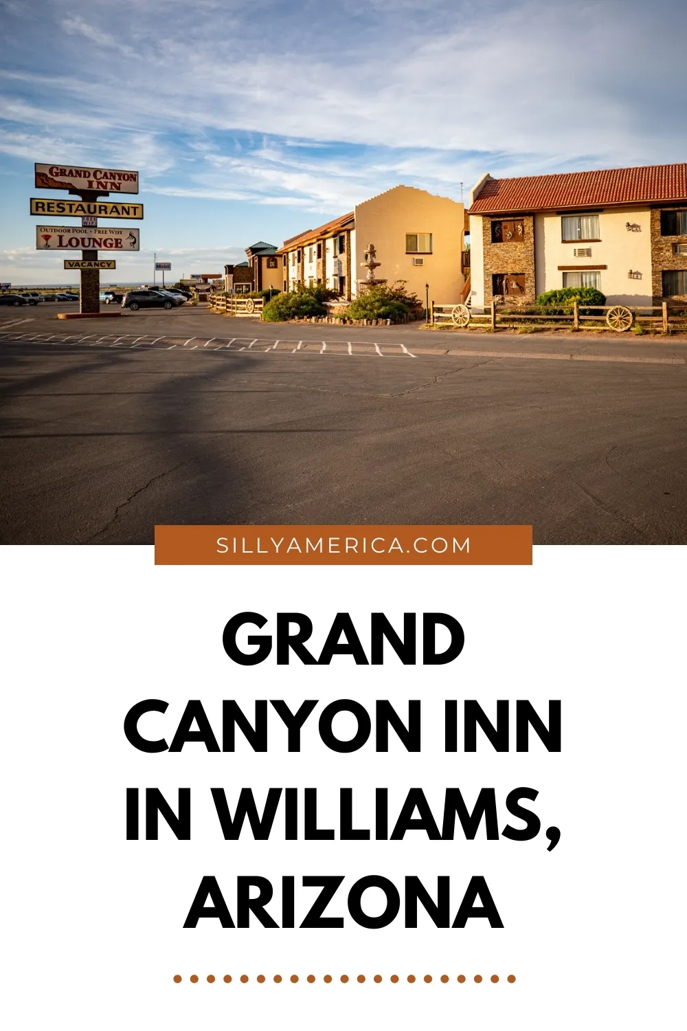 Looking for a grand place to stay on a Grand Canyon road trip? The Grand Canyon Inn in Williams, Arizona is located only about 20 minutes from the Grand Canyon's south entrance, making it a convenient place to spend the night before or after visiting the National Park. Located near the entrance to the Grand Canyon and near Route 66 this hotel is convenient for road trippers looking for a place to spend the night in Arizona. #Route66 #Route66RoadTrip #GrandCanyon #GrandCanyonRoadTrip #Hotel