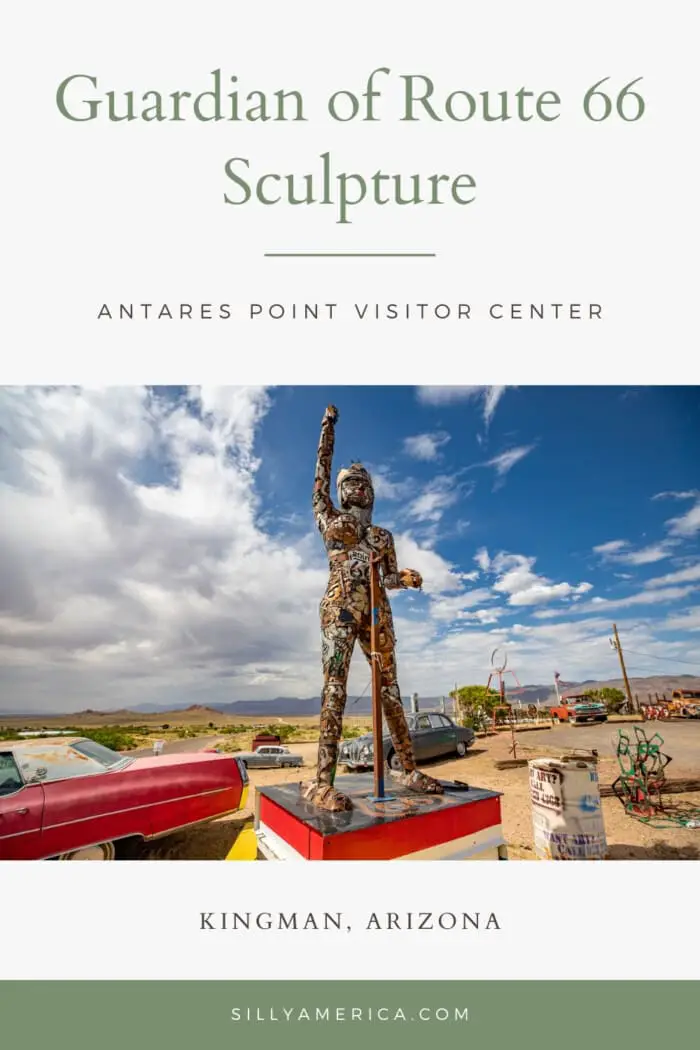 You might go to the Antares Point Visitor Center in Kingman, Arizona to see their most famous site: Giganticus Headicus. But there is more to see than just that. One of the other big attractions at this Route 66 gift shop is the Guardian of Route 66 Sculpture. The Guardian of Route 66 sculpture was made by artist Gregg Arnold. The statue depicts a woman waving an American flag and carrying a big Route 66 shield. #Route66 #Route66RoadTrip #RoadsideAttraction #Arizona #ArizonaRoadsideAttraction