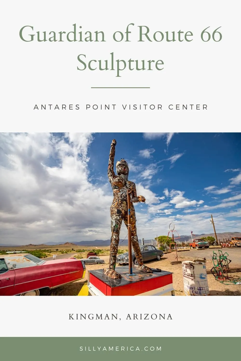 You might go to the Antares Point Visitor Center in Kingman, Arizona to see their most famous site: Giganticus Headicus. But there is more to see than just that. One of the other big attractions at this Route 66 gift shop is the Guardian of Route 66 Sculpture. The Guardian of Route 66 sculpture was made by artist Gregg Arnold. The statue depicts a woman waving an American flag and carrying a big Route 66 shield. #Route66 #Route66RoadTrip #RoadsideAttraction #Arizona #ArizonaRoadsideAttraction
