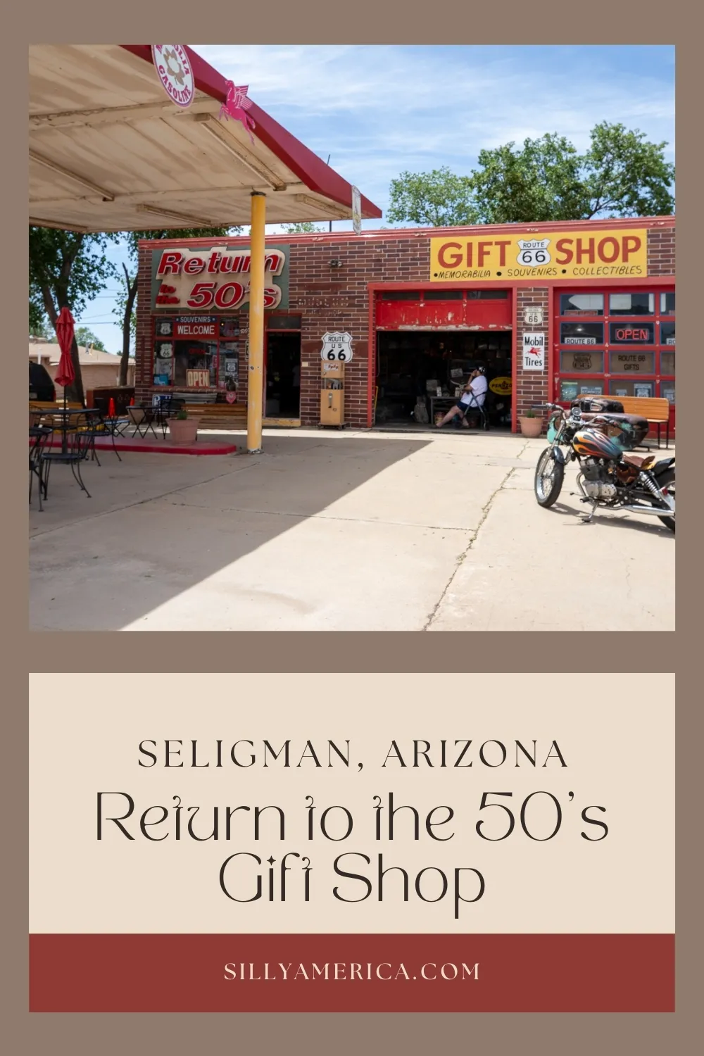Return to the 50’s Gift Shop in Seligman, Arizona is a blast to the past. Shop for fun souvenirs in a vintage service station on Route 66. Return to the 50’s opened in Seligman in 2007. Housed in the old Olson’s Shell station, the gift shop features Route 66 souvenirs, collectibles, and memorabilia inside a vintage service station and garage. Visit on your Route 66 road trip - add it to your travel itinerary! #Route66 #Route66RoadTrip #ArizonaRoute66 #RoadsideAttraction #RoadsideAmerica
