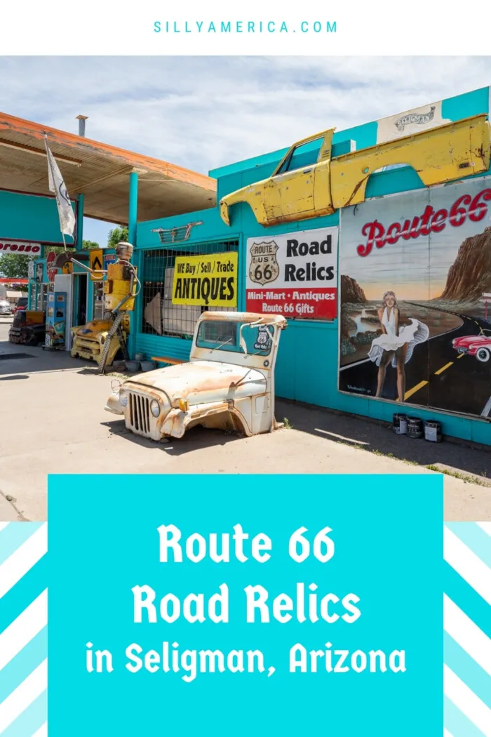 Route 66 Road Relics in Seligman, Arizona sells antiques, souvenirs, gifts, pre-packaged foods, and drinks in a bright turquoise building decorated with junkyard car parts extruding from the walls, and Marilyn Monroe mural. Stop at this fun Route 66 gift shop and roadside attraction on your Arizona road trip! #Route66 #Route66RoadTrip #Arizona #SeligmanArizona #RoadsideAttraction