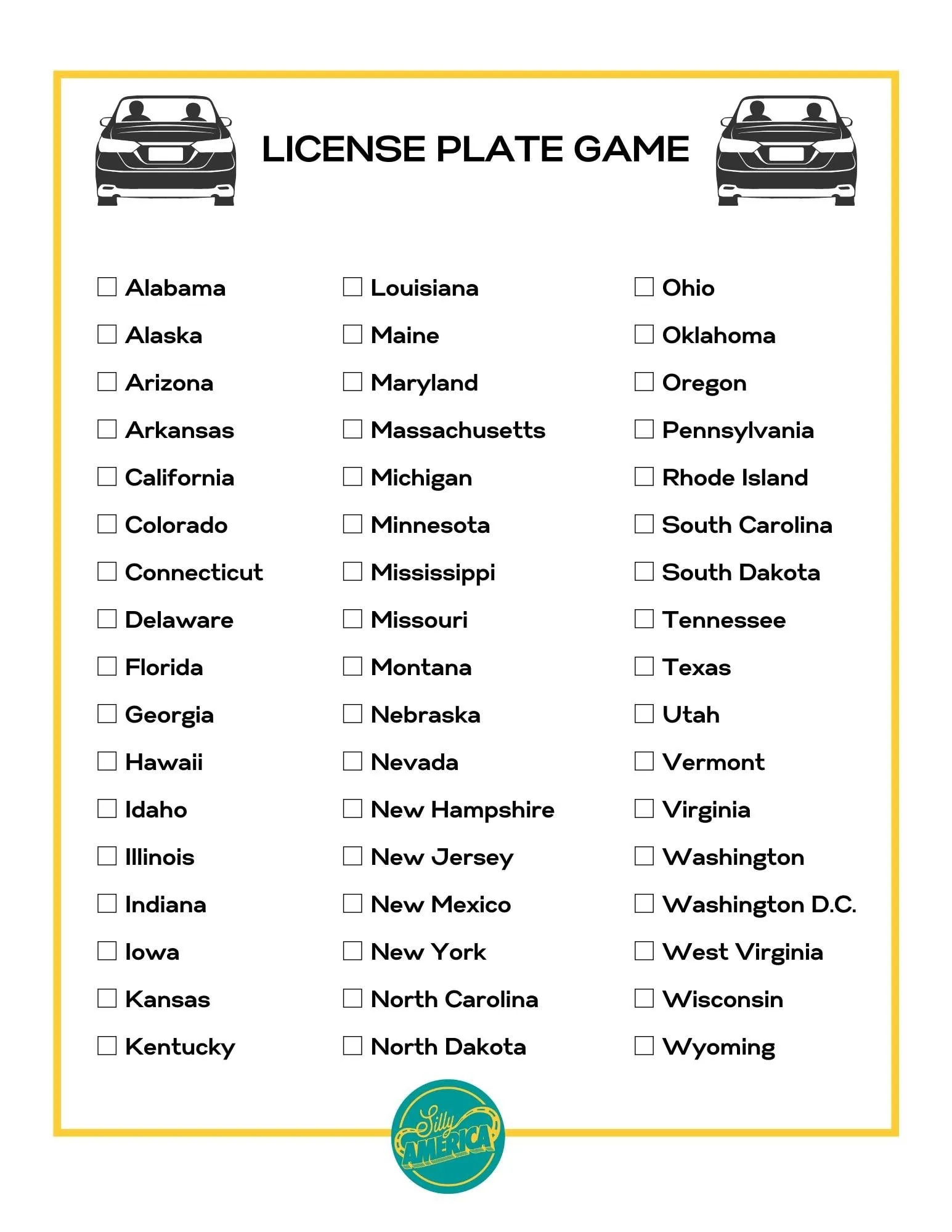 License plate game printable checklist road trip game