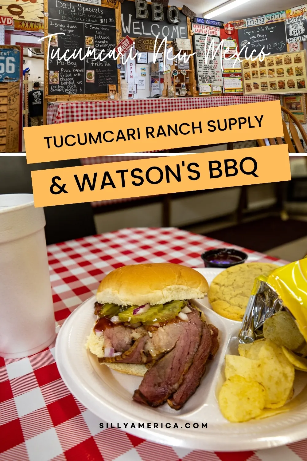 Tucumcari Ranch Supply & Watson’s BBQ in Tucumcari, New Mexico is an old-fashioned town and country store that’s home to the best barbecue in Tucumcari, if not the state. Tucumcari Ranch Supply opened at its current location in 1980. The souvenir shop, supply store, and museum is owned by Jimmy and Stella Watson who have operated the multi-functional business for more than 40 years. But, most Route 66 travelers come for the food. #ROute66 #Route66Restaurant #NewMexico #TucumcariNewMexico