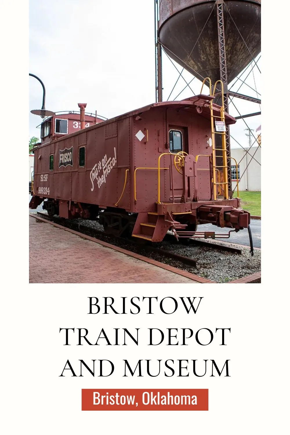 Step back in time and explore the historic Bristow Train Depot and Museum in Bristow, Oklahoma. Housed in a 1923 FRISCO Train Depot, this museum and visitor's center gives patrons a glimpse into the town's history. Outside find an Atchison, Topeka & Santa Fe Railway caboose on display. Also find one of the only two remaining FRISCO water towers in the nation. Visit this Route 66 attraction on your Oklahoma road trip. #Route66 #Route66RoadTrip #OklahomaRoute66 #OklahomaRoadTrip #RoadTrip
