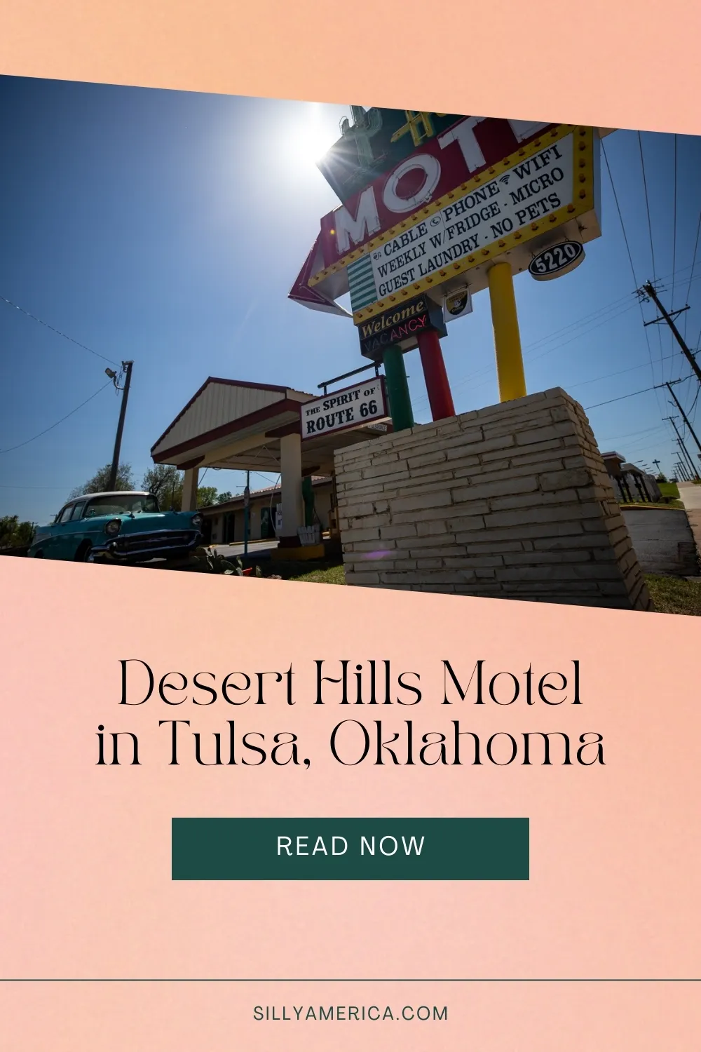 Desert Hills Motel in Tulsa, Oklahoma has been serving Route 66 travelers since 1953. The budget-friendly Route 66 motel features 50 rooms lined up diagonally. Located close to downtown Tulsa, find this motel right on Oklahoma Route 66. Look for the big neon sign lit up with a glowing green cactus (renovated in 2004 for the International Tulsa Route 66 Festival) and the vintage blue automobile out front. #Route66 #Route66ROadTrip #Oklahoma #Motel #RoadTrip #RoadTripMotel #OklahomaROadTrip