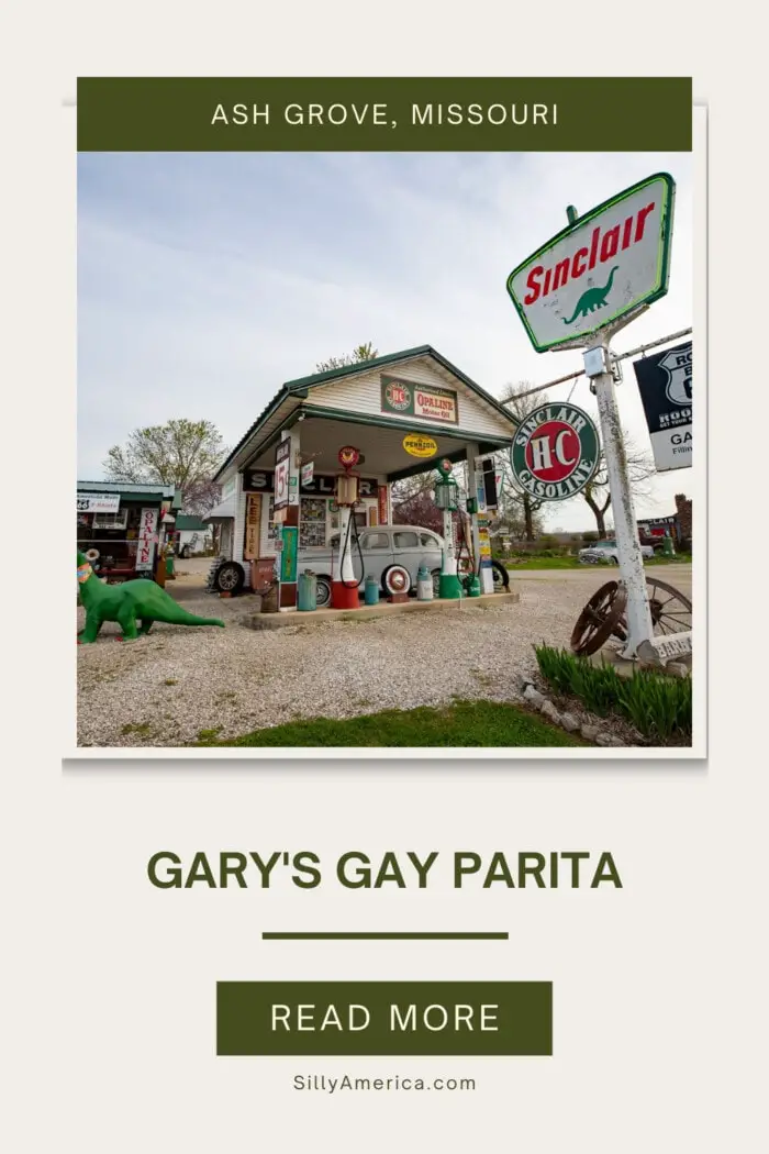 Greetings from Gary's Gay Parita on Route 66 in Ash Grove, Missouri. This Missouri tourist attraction is a replica of a 1934 Sinclair service station complete with original pumps, Route 66 memorabilia, and one of the largest road shields on Route 66. Look for a Sinclair Dinosaur, vintage gas pumps, antique signs, and old cars, a gift shop, and more. Visit on you Route 66 road trip in Missouri! #Route66 #RoadTrip #Route66RoadTrip #MissouriRoadsideAttraction #RoadsideAttractions