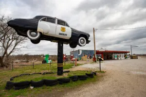 Sheriff replica from Cars at Luigi's Pit Stop in Galena, Kansas Route 66 Roadside Attraction and Cars movie attraction