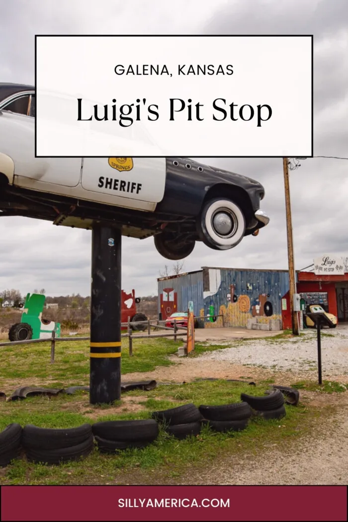Luigi's Pit Stop in Galena, Kansas features interactive murals and cars based on characters from the Pixar movie Cars. The Kansas Route 66 roadside attraction is named after the character Luigi, but he isn't the only Cars character here. Also find a Sheriff police car, Lightning McQueen, and fun murals and photo ops that give nods to the movie, Route 66, Kansas, and The Wizard of Oz. #Route66 #Route66RoadTrip #Kansas #KansasRoadTrip #RoadTrip #RoadsideAttaction #KansasRoadsideAttactions