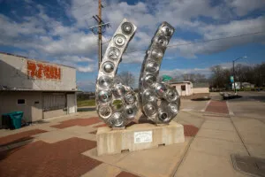 Hubcaps on Route 66 Sculpture in Springfield, Missouri Route 66 Roadside Attraction