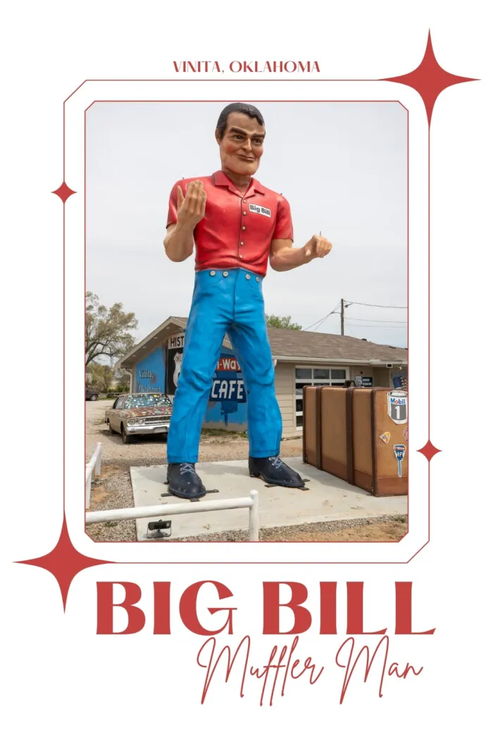 One of the newest muffler men on Route 66 is Big Bill Muffler Man in Vinita, Oklahoma. This giant took his own road trip on the route with Mobil 1 before settling into a permanent home. As part of the Keep Route 66 Kickin’ campaign, Mobil 1 brought a custom Muffler Man with them as they jdrive across Route 66. It now lives at Hi-Way Cafe in Oklahoma. Visit the roadside attraction your Route 66 road trip. #Route66 #Route66RoadTrip #MufflerMan #RoadsdieAttraction #OklahomaRoadTrip