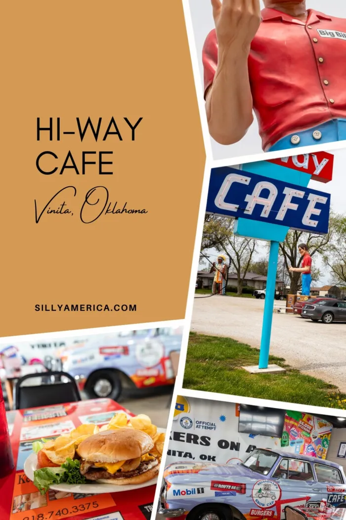 Take the highway or scenic byway to this Route 66 restaurant and roadside attraction: Hi-Way Cafe in Vinita, Oklahoma. Hi-Way Cafe has been a popular stop for a bite to eat since 1963. Pull over on your Route 66 road trip for a delicious breakfast or lunch and to take photos with some of the fun on-site roadside attractions, like the world-record-earing sticker car and the Route 66 muffler man! #Route66 #Route66RoadTrip #RoadTrip #Oklahoma #OklahomaRoute66 #OklahomaRoadTrip #RoadsideAttraction