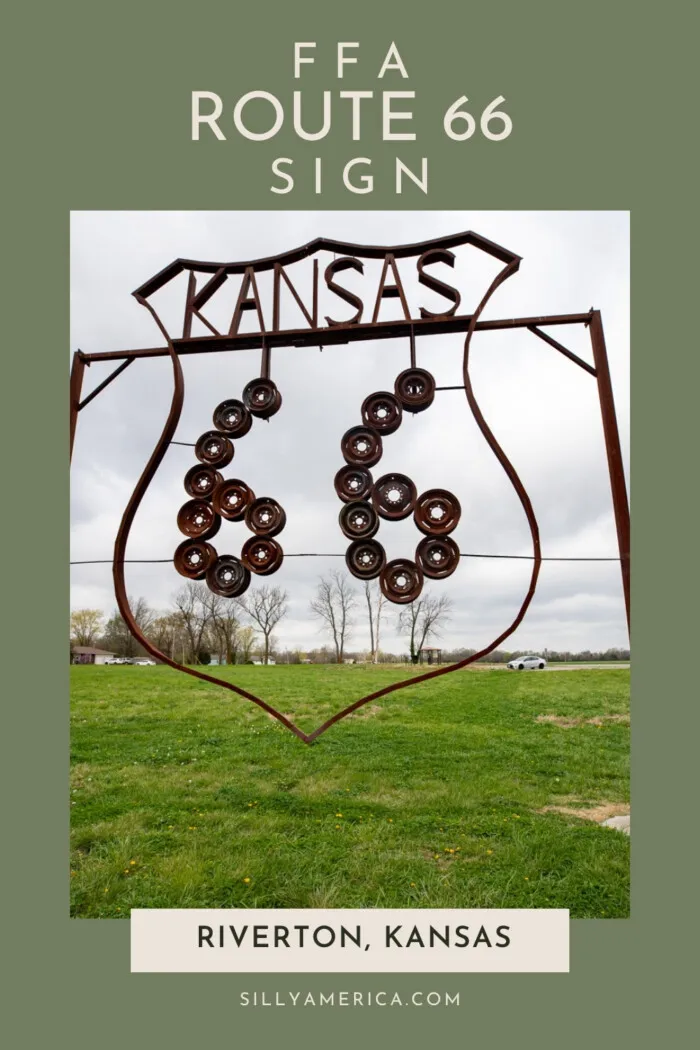 The the FFA Route 66 Sign in Riverton, Kansas is a 20-foot-tall Route 66 shield like those you will see in many forms across the route. Across the top is the word Kansas and the giant 66 is made from reused rust-colored hubcaps. Local students came up with the idea to promote local tourism. It was installed in April 2018 and quickly became one of the top Kansas Route 66 Attractions. #Route66 #Route66RoadTrip #KansasRoadTrip #RoadsideaAttraction #RoadsideAttractions #KansasRoadsideAttraction
