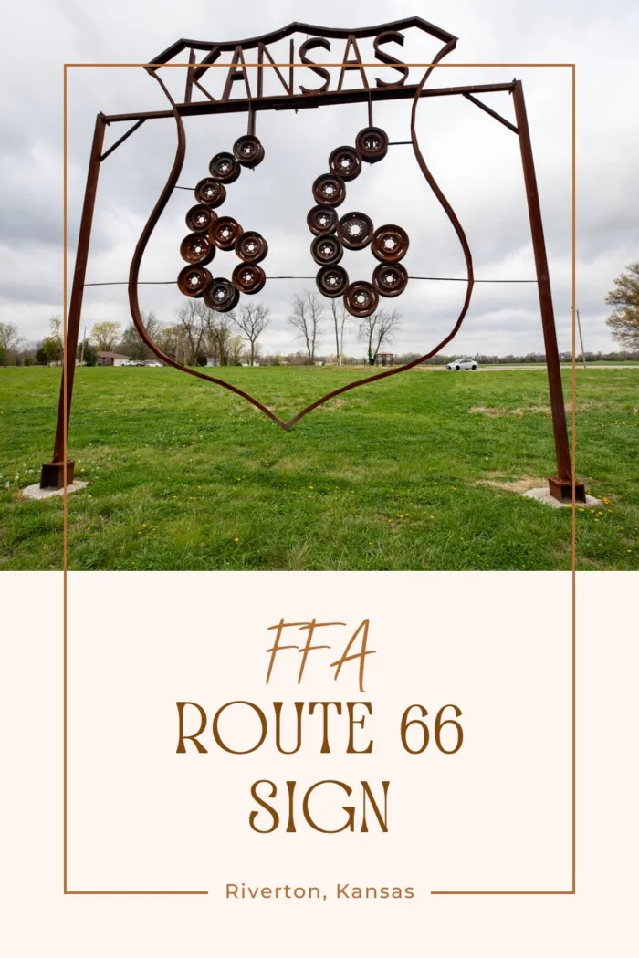 The the FFA Route 66 Sign in Riverton, Kansas is a 20-foot-tall Route 66 shield like those you will see in many forms across the route. Across the top is the word Kansas and the giant 66 is made from reused rust-colored hubcaps. Local students came up with the idea to promote local tourism. It was installed in April 2018 and quickly became one of the top Kansas Route 66 Attractions. #Route66 #Route66RoadTrip #KansasRoadTrip #RoadsideaAttraction #RoadsideAttractions #KansasRoadsideAttraction