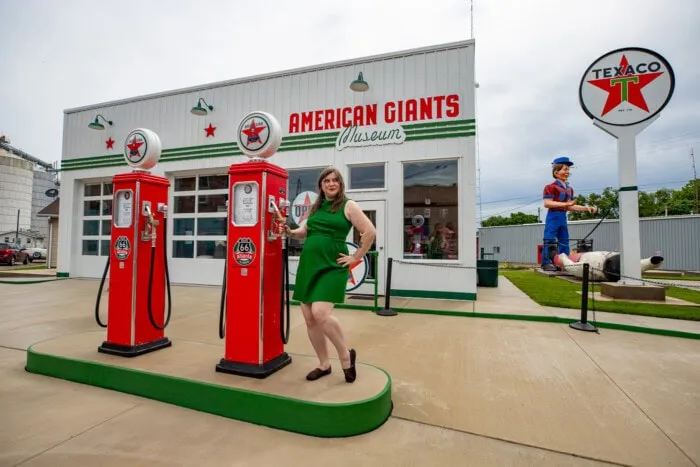 Texaco service station building and gas pump replica mark the American Giants Museum in Atlanta, Illinois.
