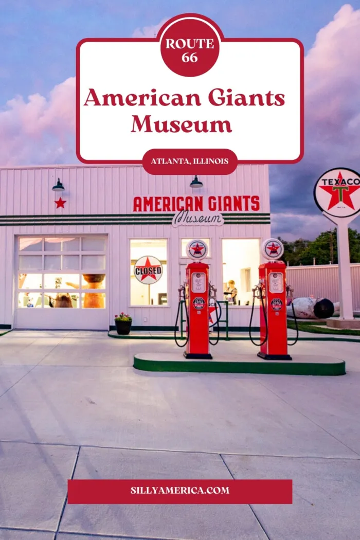 The American Giants Museum in Atlanta, Illinois pays tribute to Muffler Men and other fiberglass creations that once were a mainstay of American advertising. Explore the history of these giants through molds, body parts, memorabilia, photos, and more in the small but impressive showroom. Outside find several fun muffler men, including a rare Texaco Big Friend roadside attraction. Visit this museum on your Route 66 road trip in Illinois. #RoadTrip #RoadsideAttraction #Route66 #Route66Roadtrip