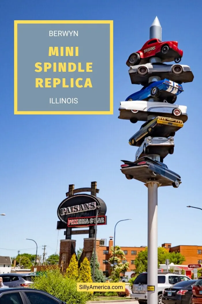 Known for its Wayne's World cameo, The Spindle (Car Kabob, Cars on a Spike) had graced Cermak Plaza in Berwyn for 19 years. Sadly it was torn down in 2008. In 2022 a mini Spindle replica was erected outside of Paisans Pizzeria in Berwyn. Artist Pete Gamen created a 23-foot-tall version using fiberglass go-karts. The new roadside attraction is small but it's a fun roadside attraction to visit, especially if have fond memories of the original. #RoadsdieAttraction #RoadsideAttractions #RoadTrip