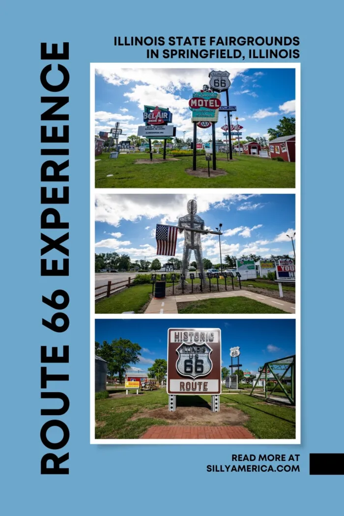 Experience the lights, sites, history, and energy of Illinois Route 66 in one convenient stroll. The Route 66 Experience at the Illinois State Fairgrounds in Springfield, Illinois takes you through a Mother Road crash course with neon signs, photography exhibits, replicas, and more. Find replica neon signs, a muffler man, photos, and more. Visit this fun roadside attraction on your Illinois road trip. #Route66 #Route66RoadTrip #RoadsideAttractions #RoadTrip #Illinois #IllinoisRoadTrip