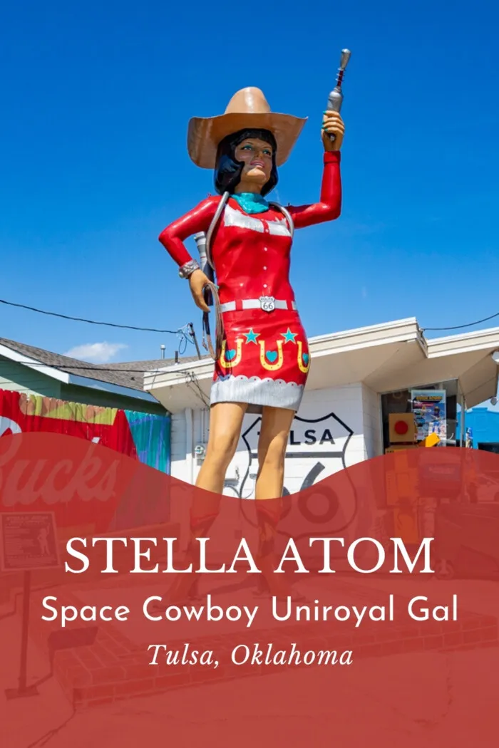 Stella Atom Space Cowgirl Uniroyal Gal landed in Tulsa, Oklahoma in 2024. Find this fun roadside attraction at Buck Atom's Cosmic Curios on Route 66 next to another fiberglass giant: the Buck Atom muffler man. This Route 66 roadside attraction is a new giant modeled after original Uniroyal Gals from the 60s. She's dressed as a space cowgirl complete with cowboy hat, boots, lasso, and laser. #RoadsideAttraction #RoadsideAttractions #Route66 #Route66RoadTrip #RoadTrip #Oklahoma #OklahomaRoadTrip