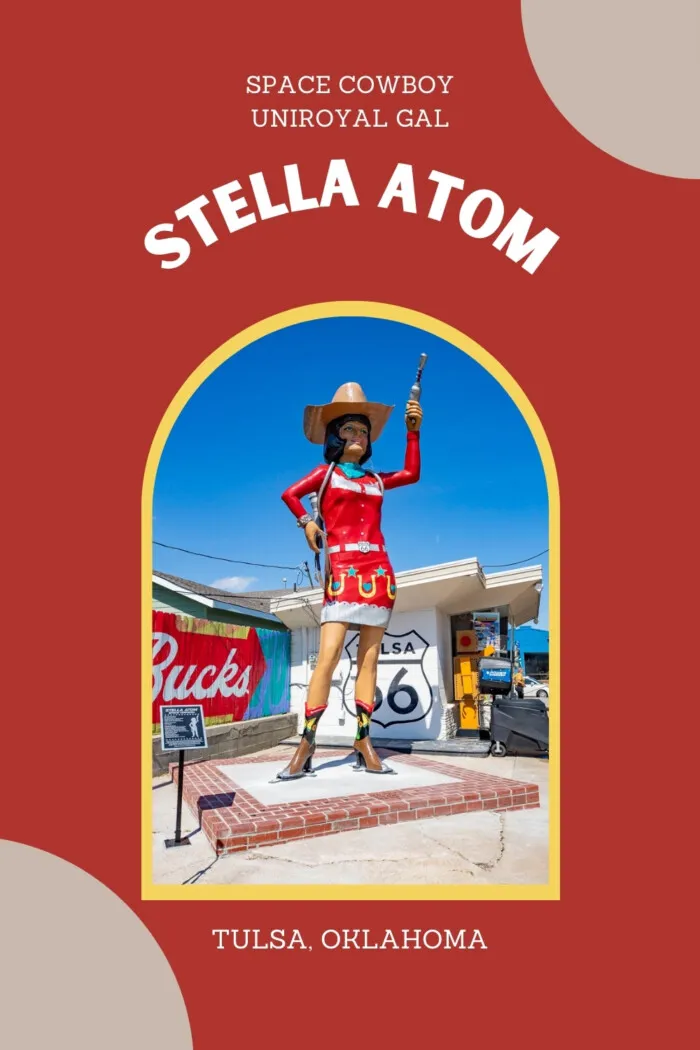 Stella Atom Space Cowgirl Uniroyal Gal landed in Tulsa, Oklahoma in 2024. Find this fun roadside attraction at Buck Atom's Cosmic Curios on Route 66 next to another fiberglass giant: the Buck Atom muffler man. This Route 66 roadside attraction is a new giant modeled after original Uniroyal Gals from the 60s. She's dressed as a space cowgirl complete with cowboy hat, boots, lasso, and laser. #RoadsideAttraction #RoadsideAttractions #Route66 #Route66RoadTrip #RoadTrip #Oklahoma #OklahomaRoadTrip