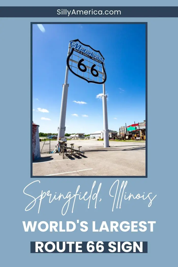 Looking for a unique Route 66 selfie you'll find nowhere else on The Mother Road? Stand under the World's Largest Route 66 Sign in Springfield, Illinois. Find it outside Route 66 Motorheads Bar and Grill & Museum! Pull into the restaurant's parking lot and look up, way up, to find a 32-foot-by-32-foot aluminum Route 66 sign. Visit this Illinois roadside attraction on your Route 66 road trip in Springfield! #Route66 #Route66RoadsideAttraction #Route66RoadTrip #RoadsideAttraction #RoadTrip