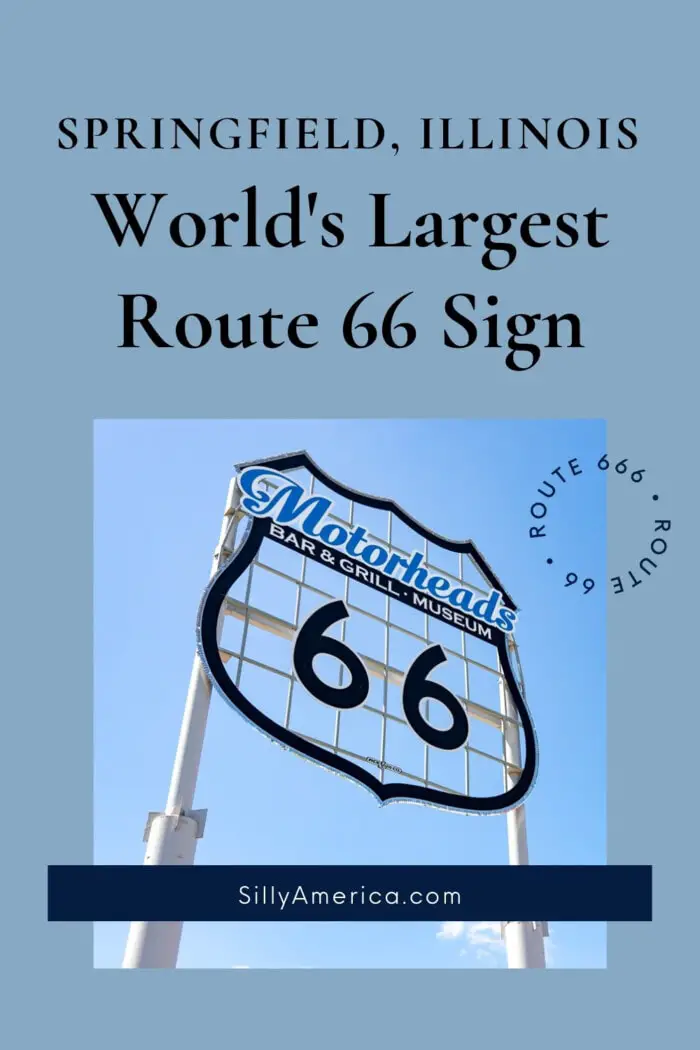 Looking for a unique Route 66 selfie you'll find nowhere else on The Mother Road? Stand under the World's Largest Route 66 Sign in Springfield, Illinois. Find it outside Route 66 Motorheads Bar and Grill & Museum! Pull into the restaurant's parking lot and look up, way up, to find a 32-foot-by-32-foot aluminum Route 66 sign. Visit this Illinois roadside attraction on your Route 66 road trip in Springfield! #Route66 #Route66RoadsideAttraction #Route66RoadTrip #RoadsideAttraction #RoadTrip