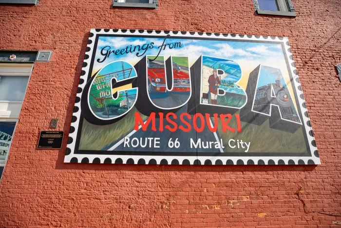 Greetings from Cuba postcard mural in Cuba, Missouri on Route 66