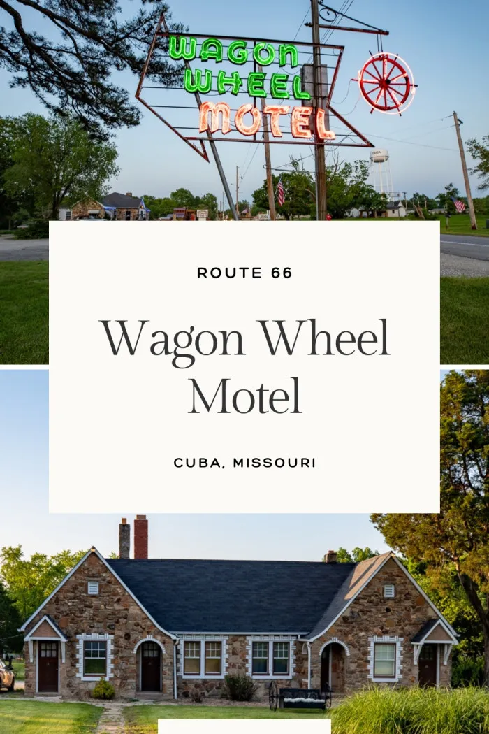 Step back in time and sleep among history in a cozy Route 66 motel that should be on every traveler's bucket list: the Wagon Wheel Motel in Cuba, Missouri. Listed on the National Register of Historic Places since 2003, the Wagon Wheel Motel in Cuba, Missouri is a quintessential Route 66 motel that is as popular as it ever was. Book a room, pull on in, and spend the night in one of the best motels on The Mother Road. #Route66 #Route66RoadTrip #RoadTrip #Missouri #MissouriRoadTrip