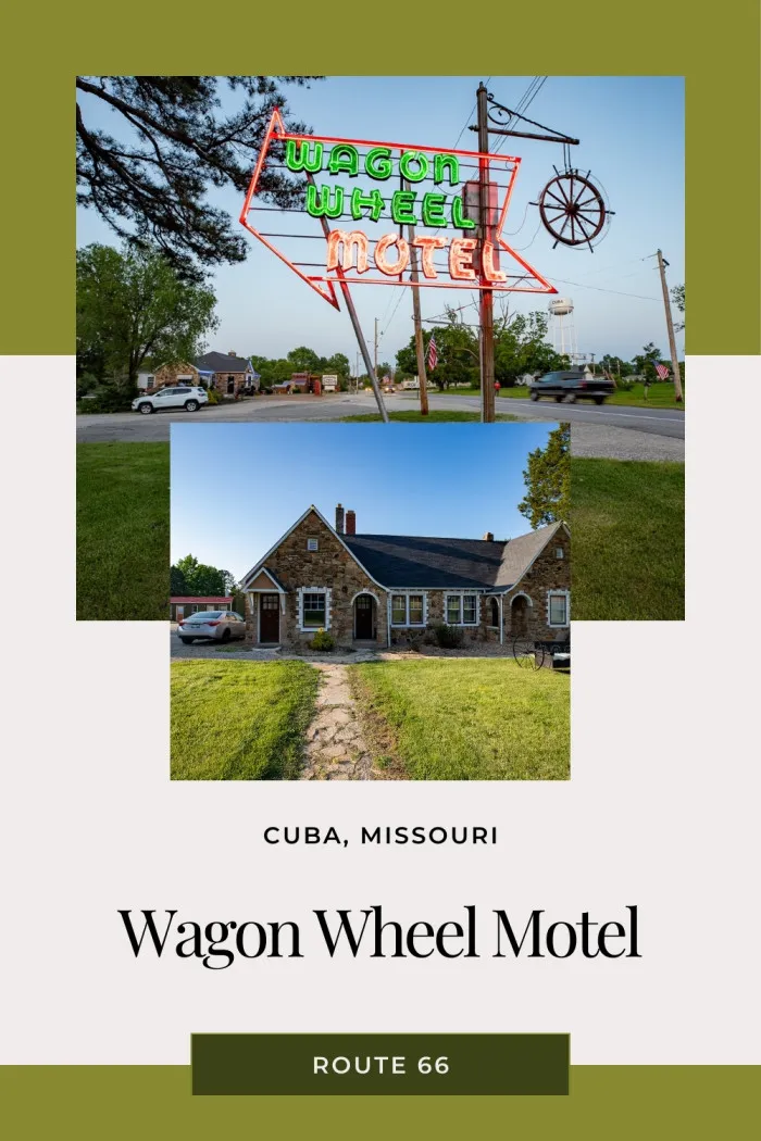 Step back in time and sleep among history in a cozy Route 66 motel that should be on every traveler's bucket list: the Wagon Wheel Motel in Cuba, Missouri. Listed on the National Register of Historic Places since 2003, the Wagon Wheel Motel in Cuba, Missouri is a quintessential Route 66 motel that is as popular as it ever was. Book a room, pull on in, and spend the night in one of the best motels on The Mother Road. #Route66 #Route66RoadTrip #RoadTrip #Missouri #MissouriRoadTrip