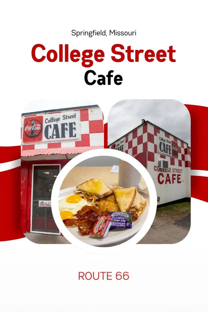 College Street Cafe in Springfield, Missouri was probably one of the friendliest road trip stops I've ever made. From the moment I walked in I was greeted with a warm welcome from both the staff and guests alike. Stop into this Route 66 restaurant on your road trip for a meatloaf, hamburger, or French toast. IGet there early for the early bird special with two eggs, bacon or sausage, and either two silver dollar pancakes or hashbrowns and toast. #Route66 #Route66RoadTrip #MissouriRoadTrip