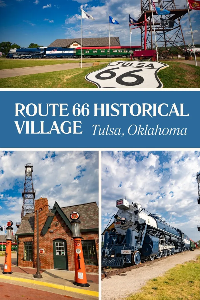 Explore Tulsa's Route 66 Historical Village! This open-air museum celebrates the city’s oil capital origins with a historic depot, a towering derrick, vintage pump jacks, and a classic train, including the iconic Frisco 4500 Meteor Steam Engine. Don’t miss the Phillips 66 cottage-style gas station and the neon sign that welcomes you to this nostalgic stop. Perfect for history buffs and Route 66 enthusiasts, this is a must-see on your next road trip! #Route66 #Tulsa #Travel #History #RoadTrip