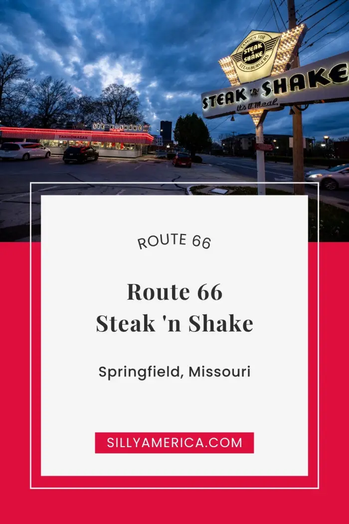 Swing by the classic Route 66 Steak 'n Shake in Springfield, MO, for an authentic roadside experience! This landmark restaurant is aglow with neon, retro signs, and tasty nostalgia. Whether you’re craving a steakburger or a shake, dine in or "TakHomaSak" to enjoy this iconic slice of Route 66 history. Don't miss the glowing marquee and giant freestanding sign that light up this must-see stop! #Route66 #Route66RoadTrip #Missouri #MissouriRoute66 #RoadsideAttraction #RoadTrip