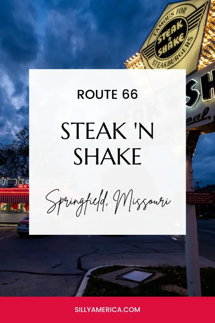 Swing by the classic Route 66 Steak 'n Shake in Springfield, MO, for an authentic roadside experience! This landmark restaurant is aglow with neon, retro signs, and tasty nostalgia. Whether you’re craving a steakburger or a shake, dine in or "TakHomaSak" to enjoy this iconic slice of Route 66 history. Don't miss the glowing marquee and giant freestanding sign that light up this must-see stop! #Route66 #Route66RoadTrip #Missouri #MissouriRoute66 #RoadsideAttraction #RoadTrip