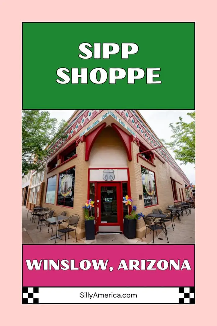 Sipp Shoppe in Winslow, Arizona offers a nostalgic twist on American classics right across from Standin’ on the Corner Park! Located in the historic 1904 Navajo County Bank Building, this retro soda shop serves up crepes, hot dogs, sandwiches, coffee, and ice cream treats in a setting filled with Route 66 memorabilia, chrome bar stools, and vintage decor. Drop in for breakfast, lunch, or a sweet treat, and enjoy a classic roadside experience. #RoadTrip #ArizonaRoadTrip