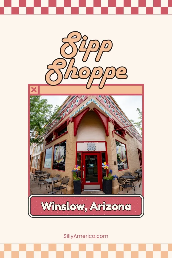 Sipp Shoppe in Winslow, Arizona offers a nostalgic twist on American classics right across from Standin’ on the Corner Park! Located in the historic 1904 Navajo County Bank Building, this retro soda shop serves up crepes, hot dogs, sandwiches, coffee, and ice cream treats in a setting filled with Route 66 memorabilia, chrome bar stools, and vintage decor. Drop in for breakfast, lunch, or a sweet treat, and enjoy a classic roadside experience. #RoadTrip #ArizonaRoadTrip