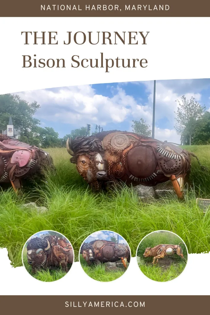 "The Journey" Bison Sculpture in National Harbor, Maryland, is a stunning piece of art featuring a life-size bison family made from scrap iron and cast bronze. Each member of the trio—Valor, Vigilance, and Innocence—represents elements of the American flag, crafted with intricate details like tractor parts and bronze accents. Unveiled in Spirit Park on Veterans Day 2022, it’s a moving tribute to America’s history. Add this roadside marvel to your travel bucket list! #RoadsideAttraction