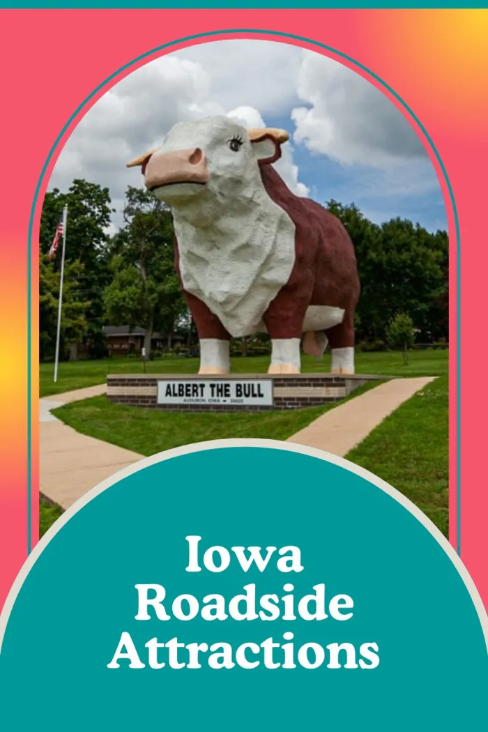Plan an unforgettable Iowa road trip with these quirky roadside attractions! Meet Albert the Bull, visit the Future Birthplace of James T. Kirk, and step onto the Field of Dreams. Don't miss Iowa's Largest Frying Pan or the World's Largest Strawberry for extra fun. These larger-than-life stops will make your adventure truly one-of-a-kind. Start your journey today! #Iowa #IowaRoadTrip #RoadsideAttractions