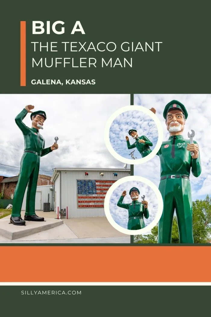 Meet Big A, the 22-foot Texaco Giant Muffler Man standing tall at Gearhead Curios in Galena, Kansas! Unveiled in 2024, this custom roadside attraction is inspired by the rare 1960s Texaco Big Friend and sports a green uniform, waving pose, and the likeness of shop owner Aaron Perry. Created by artist Mark Cline, Big A is the only muffler man on Kansas Route 66—making him a must-see stop for fans of quirky Americana and the Mother Road. Stop by and wave hello! #MufflerMan #RoadsideAttraction