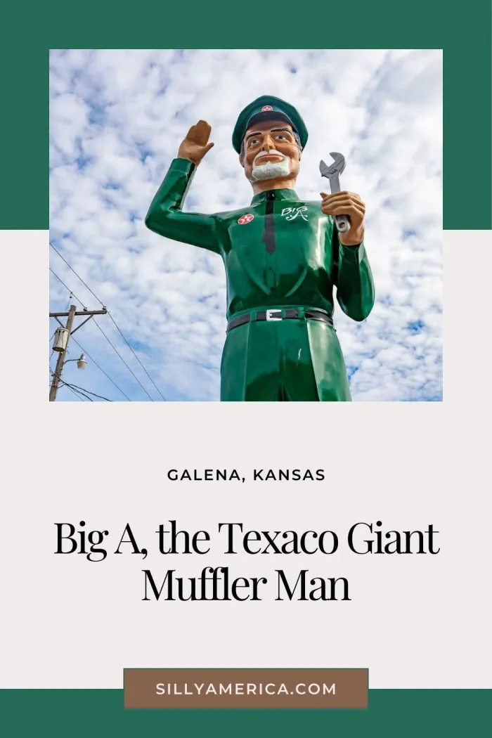 Meet Big A, the 22-foot Texaco Giant Muffler Man standing tall at Gearhead Curios in Galena, Kansas! Unveiled in 2024, this custom roadside attraction is inspired by the rare 1960s Texaco Big Friend and sports a green uniform, waving pose, and the likeness of shop owner Aaron Perry. Created by artist Mark Cline, Big A is the only muffler man on Kansas Route 66—making him a must-see stop for fans of quirky Americana and the Mother Road. Stop by and wave hello! #MufflerMan #RoadsideAttraction