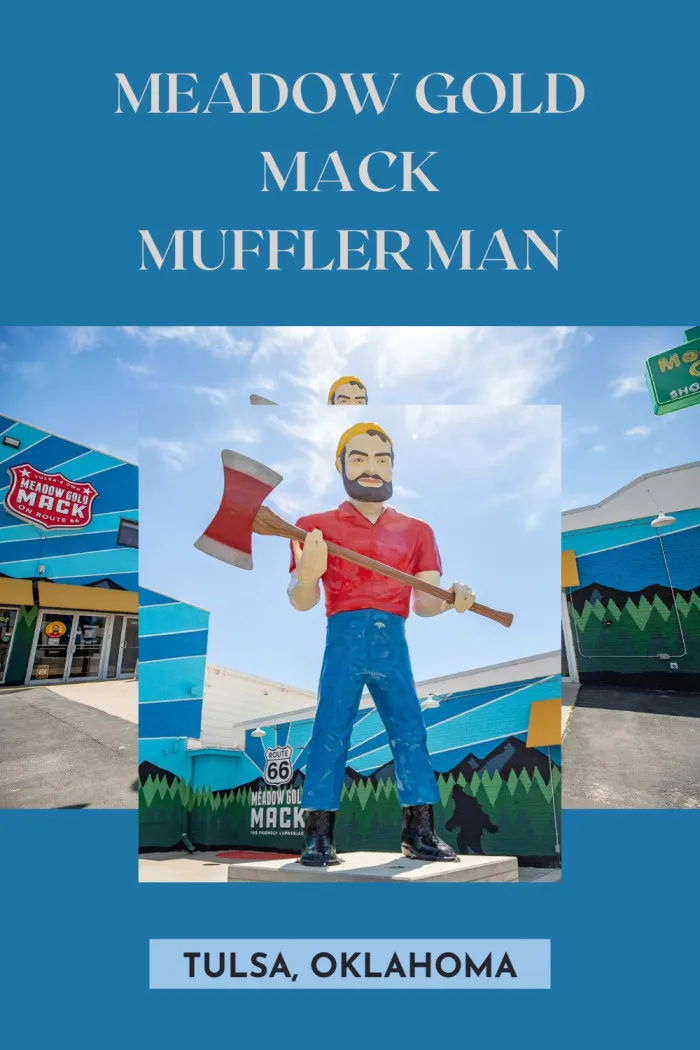 Say hello to Meadow Gold Mack, Tulsa’s friendly lumberjack on Route 66! This classic 1960s Muffler Man was restored and moved from Illinois to Oklahoma in 2024. Now standing tall beside the Meadow Gold Sign, Mack greets visitors to Meadow Gold Mack’s Route 66 Outpost—a quirky shop filled with souvenirs, art, vintage goods, and ice cream. Don’t forget to snap a pic with this giant, then head across the street to meet Buck Atom and Stella Atom too! #RoadsideAttraction #Route66 #MufflerMan