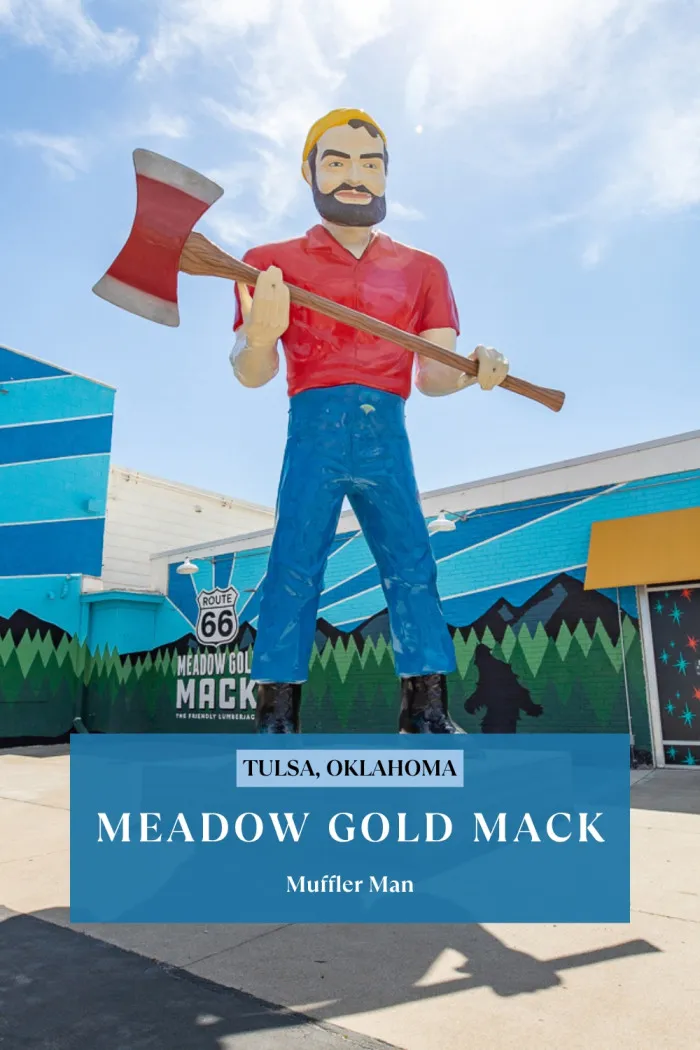 Say hello to Meadow Gold Mack, Tulsa’s friendly lumberjack on Route 66! This classic 1960s Muffler Man was restored and moved from Illinois to Oklahoma in 2024. Now standing tall beside the Meadow Gold Sign, Mack greets visitors to Meadow Gold Mack’s Route 66 Outpost—a quirky shop filled with souvenirs, art, vintage goods, and ice cream. Don’t forget to snap a pic with this giant, then head across the street to meet Buck Atom and Stella Atom too! #RoadsideAttraction #Route66 #MufflerMan