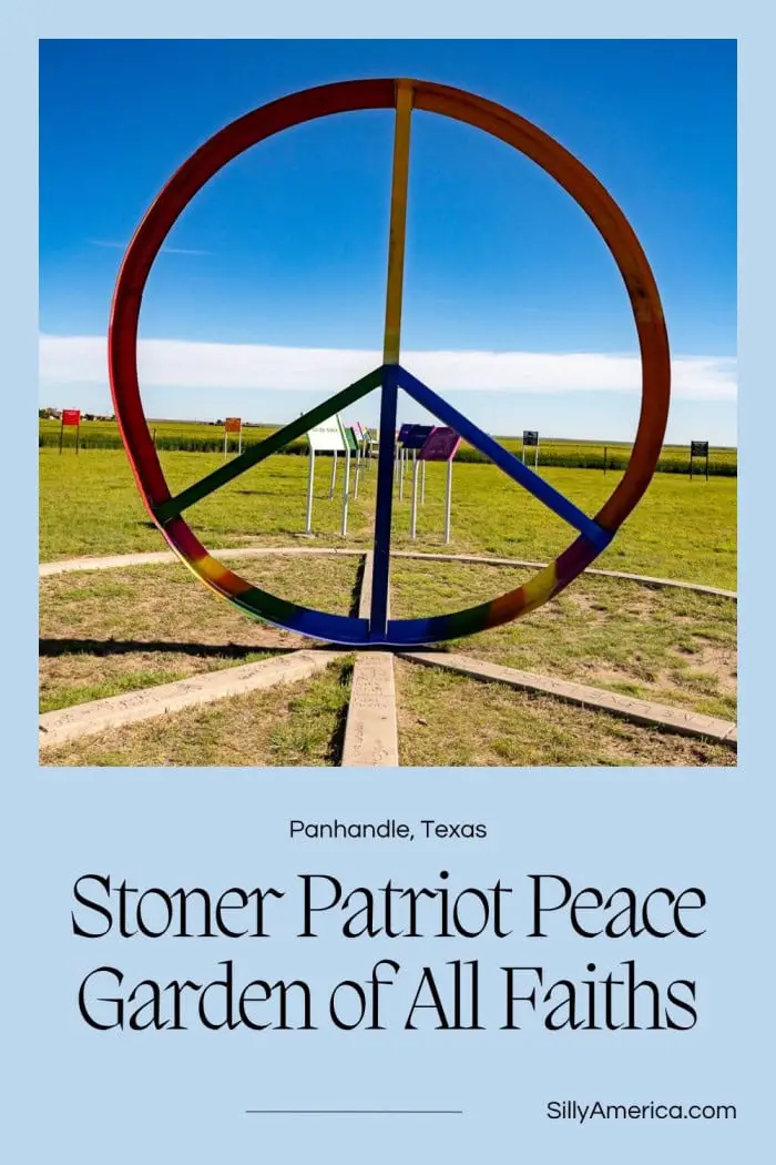 The Stoner Patriot Peace Garden of All Faiths in Panhandle, Texas, is a must-see Route 66 roadside attraction. Created by a local dreamer, this outdoor art display blends messages of peace, patriotism, religion, and cannabis culture using steel cutouts and symbolic sculptures. From John Lennon quotes to historical dates, it’s a place for reflection and curiosity. Just east of Amarillo, it’s a perfect addition to any quirky Texas road trip itinerary! #RoadsideAttraction #RoadsideAttractions
