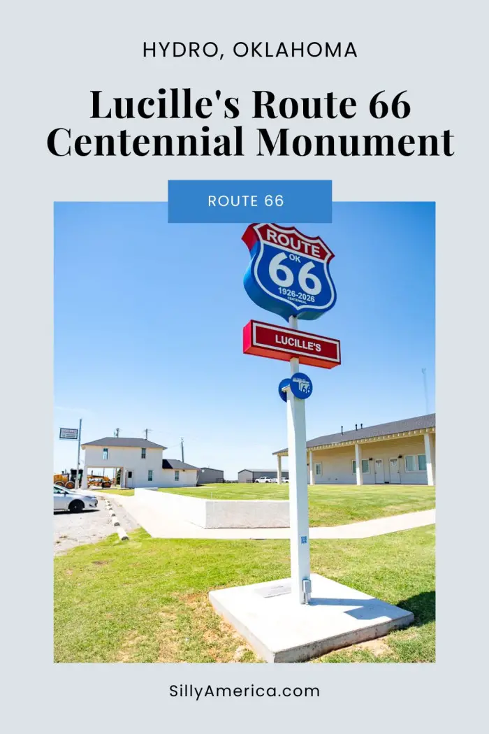 Visit Lucille’s Route 66 Centennial Monument in Hydro, Oklahoma! This 16-foot-tall sign stands beside Lucille Hamons’ historic gas station, where she served travelers for over 60 years. Known as the “Mother of the Mother Road,” Lucille’s legacy lives on through her restored station and this tribute to her kindness and hospitality. A must-see for Route 66 fans! #Route66 #Route66RoadTrip #RoadTrip #RoadsideAttraction