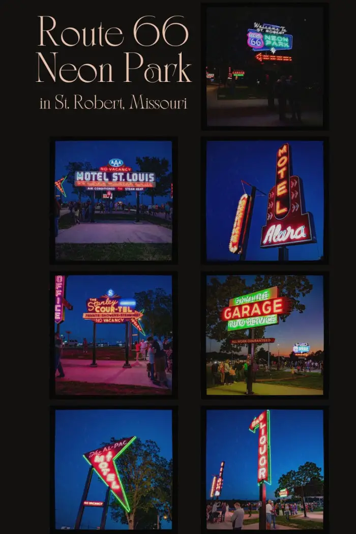 Light up your next road trip with a stop at Route 66 Neon Park in St. Robert, Missouri! This glowing roadside attraction features restored neon signs from the golden age of Route 66. Open all day with a dedicated parking lot and easy access from either direction, it's best visited at sunset when the signs flicker to life. A must-see stop for lovers of vintage Americana and Route 66 history! Save this for your next Missouri adventure. #RoadsideAttraction #Route66 #Route66RoadTrip #Missouri
