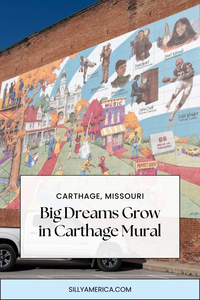 See the Big Dreams Grow in Carthage mural in Carthage, Missouri—a 44-foot-wide tile tribute to hometown heroes like astronauts, artists, athletes, and more. Created to show kids that big dreams can start in small towns, this vibrant work of public art features famous faces and local landmarks. Find it on the side of the McBride Building on the historic Carthage Square. #RoadsideAttraction #RoadsideAttractions