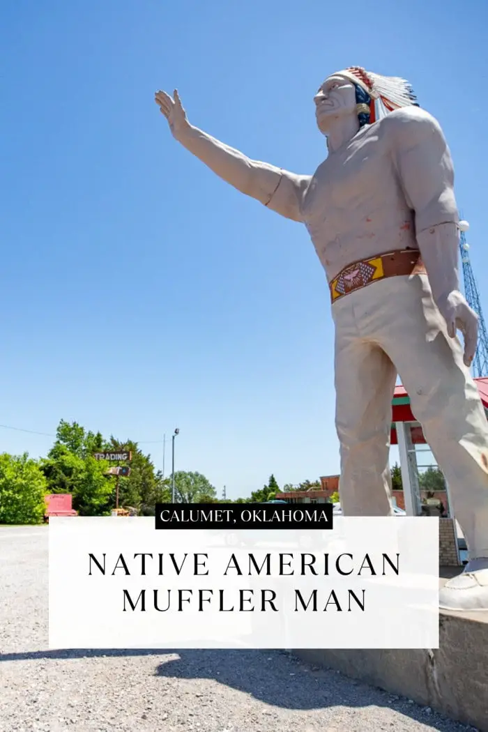 Don’t miss the Native American Muffler Man in Calumet, Oklahoma! This rare version of the classic roadside giant once stood at a car dealership in Clinton before moving to Indian Trading Post & Art. With one arm raised high and a solemn expression, he’s a unique piece of Americana standing proudly along Route 66. Stop in to snap a photo and browse handmade Native American crafts, pottery, moccasins, and more inside the shop! #RoadsideAttraction #RoadsideAttractions #Route66 #MufflerMan