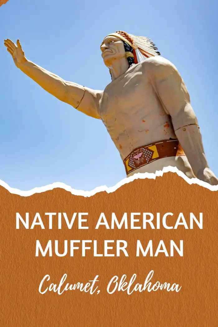 Don’t miss the Native American Muffler Man in Calumet, Oklahoma! This rare version of the classic roadside giant once stood at a car dealership in Clinton before moving to Indian Trading Post & Art. With one arm raised high and a solemn expression, he’s a unique piece of Americana standing proudly along Route 66. Stop in to snap a photo and browse handmade Native American crafts, pottery, moccasins, and more inside the shop! #RoadsideAttraction #RoadsideAttractions #Route66 #MufflerMan